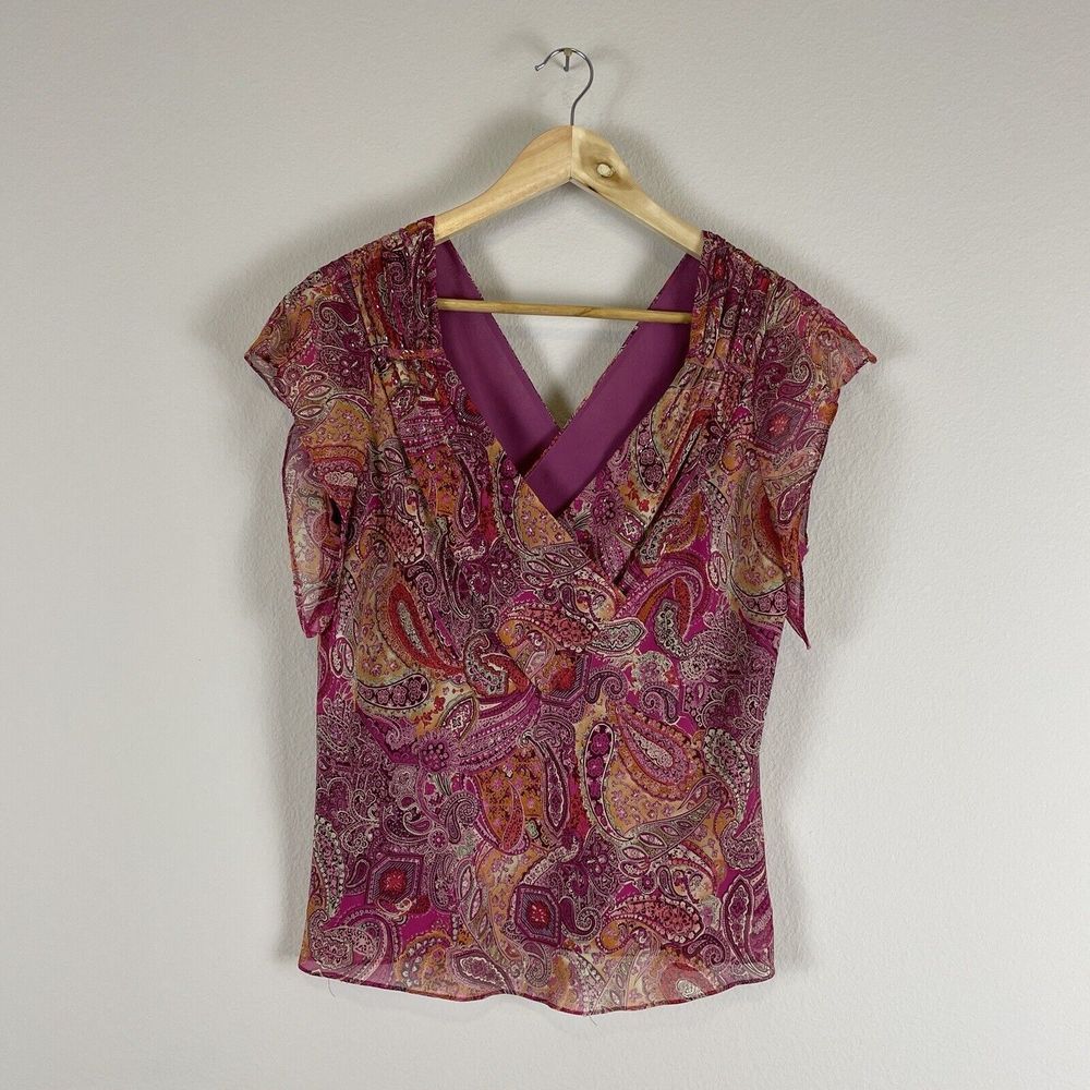 Adrianna Papell 100% Silk Paisley Print Top Large Womens Faux Wrap Y2K 90's Boho
